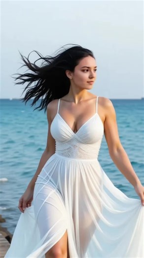 [Windblown Diva Moment] 🌪️ High-low hem dress / Coastal pier / Fabric whip motion / Naked sandals / Raw elegance