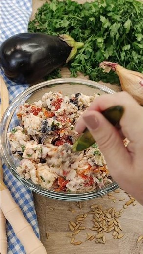 Tasty Eggplant Salad with Feta and Rice. This Lunch Salad Can be Made By Anyone.