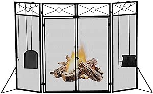 4 Panels Fireplace Screen with Doors, Fireplace Screens with Fireplace Poker Sets, Fireplace Fence with Fireplace Tools Wrought Iron, Baby Fireplace Guard, 47.2"x 31.6", Black