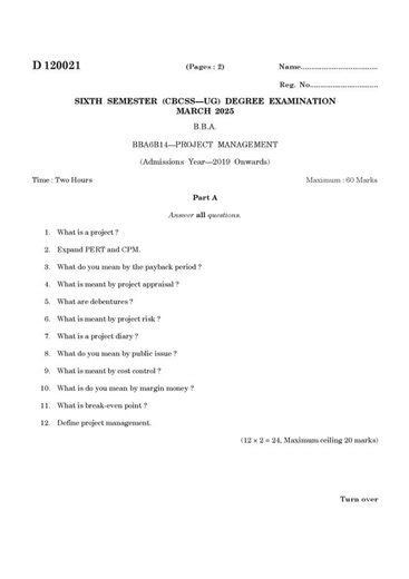 CALICUT UNIVERSITY BBA 6TH SEMESTER PROJECT MANAGEMENT PREVIOUS YEAR QUESTION PAPER 2025