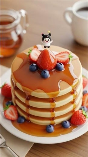 🍓💦 Watch the tiny cute creature jump into the GIANT pancake with strawberries & syrup! 🥞✨