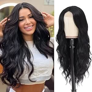 Synthetic Lace Front Wig 26 Inch Black Wig for Women 13x4x1 T-Part Long Wavy Wig Natural Looking Synthetic Heat Resistant Wig for Daily Party