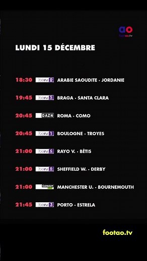 foot à la TV aujourd'hui lundi 15 décembre. Programme TV foot ce soir #foot #TV #match #ProgrammeTV