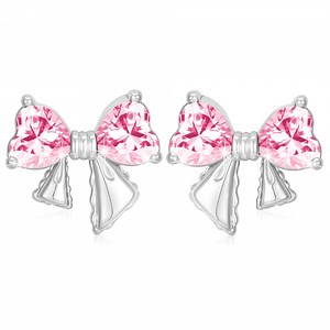 APSVO Bow Love Heart Stud Earrings for Women Girls CZ Hypoallergenic S925 Sterling Silver Post October Birthstone Earrings with Pink Tourmaline Birthday Easter Basket Stuffers Jewelry Gifts Teen Kids