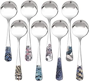 RETON 8 Pcs Round Stainless Steel Korean Spoons, Mirror Polished Asian Thick Soup Spoons - 6.3 Inch