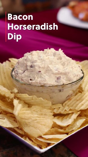 Bacon Horseradish Dip! This is a delicious and easy to make dip that is great for parties, game day or just a snack. It is made with just a few simple ingredients. This dip is perfect for dipping vegetables, crackers or chips. Full, printable recipe: Link in bio. #bacon #horseradish #dip #easyrecipe