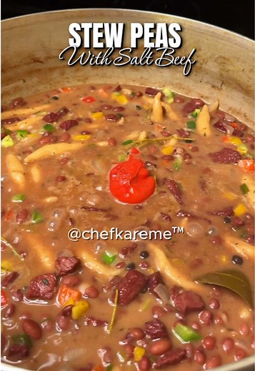 Authentic Jamaican Stew Peas with Salt Beef thick, rich, and full of tropical flavor. This Caribbean comfort food hits different every single time 🇯🇲 . . . . . #JamaicanFood #StewPeas #CaribbeanFood #jamaicanstewpeas #chefkareme