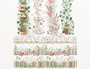 23 Watercolor Floral Book Seamless Borders Clipart | Book Illustration PNG | Horizontal & Vertical Floral Book Borders - Etsy