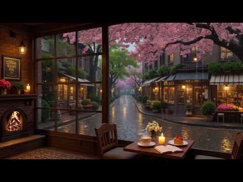 Peaceful Rain Café | Soft Jazz, Relaxing Piano & Fireplace Crackles For Calm Study Nights
