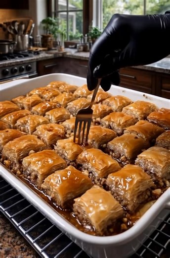 Christmas Baklava (deesviral) A warm holiday baklava that fills the house with butter, honey, and pure nostalgia — just like the Christmas seasons we all grew up with. A simple, beautiful dessert that always impresses. Ingredients: • 1 package phyllo dough, thawed • 2 cups walnuts or pistachios, finely chopped • 1 tsp cinnamon • 1 cup melted butter • 1 cup sugar • 1 cup water • ½ cup honey • 1 tsp vanilla extract Directions: Preheat oven to 350°F (175°C). Mix nuts and cinnamon. Layer 8 sheets of