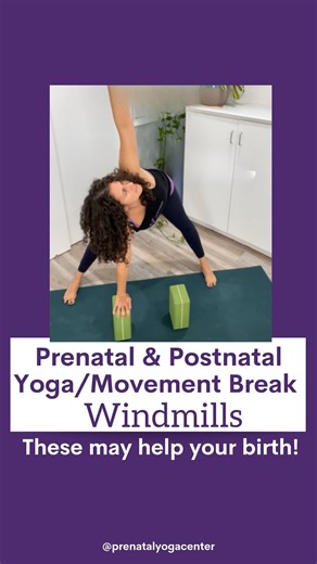✨Birth better with “Windmill” pose! This is a staple in my prenatal yoga classes. In most pregnant bodies, we lose upper back and rib mobility, which can compromise your diaphragmatic breathing. This can make your pelvic floor tighter and affect your birth! ➡️Here’s how to practice this pose: Widen your feet to a comfortable distance and place your hands on two yoga blocks, a stool, an ottoman, or even a stack of books. Inhale your right arm up over your head, being sure to initiate the movement