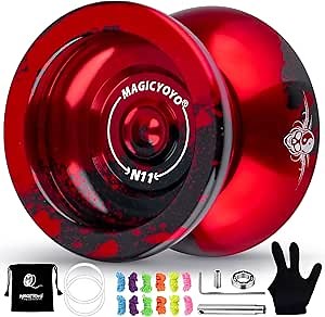 MAGICYOYO N11 Professional Unresponsive Yoyo & Responsive Yo Yo for Kids 8-12 or Above Alloy Aluminum Yo-Yo with Yoyo Bag, 1 Glove, 12Strings and Responsive Bearing Kit (Black Red)