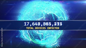 Global hacking attack, countdown of infected devices, virus, network breach. Firewall message, alert, hacking, world computer virus