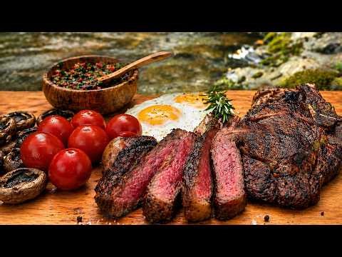 Juicy Steak Eggs & Mushrooms on Campfire | Riverside Forest | No Talking ASMR