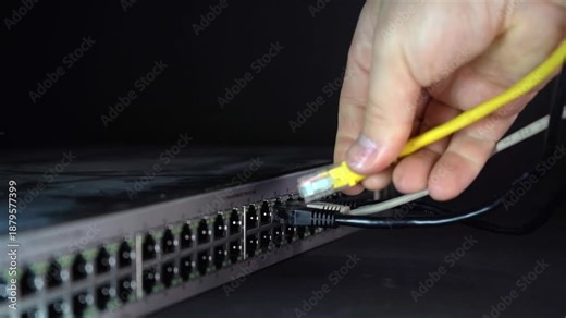 Close-up of a hand plugging an ethernet cable into a network switch in a server rack, data center maintenance and IT connection concept with shallow depth of field.