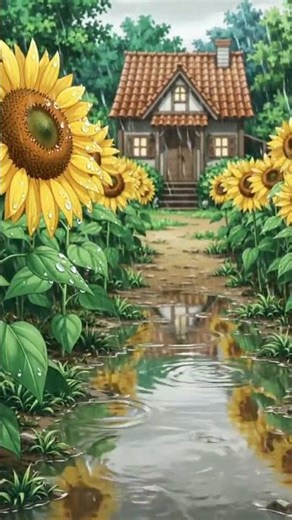 Light rain falling over an anime sunflower garden outside a little home.