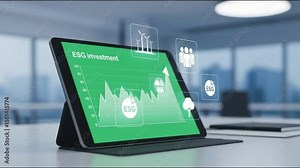 Tablet displaying esg investment chart with windmills, people, factory, and tree icons on screen