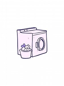 flashy sales animation of cartoon washing machine and laundry