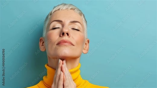 Serene mature woman with short grey hair closing her eyes and bringing her hands together in a gesture of prayer or meditation on a blue background