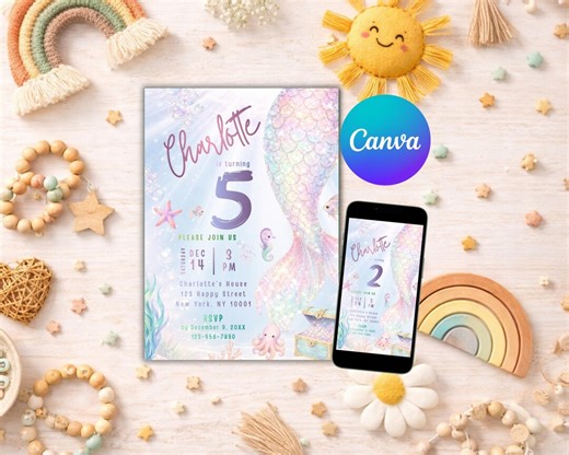 Mermaid Birthday Invitation Template Editable in Canva, Printable or Digital Download, Under the Sea Pastel Girl Party Invite B06 - Etsy