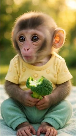 Baby Monkey Eating Broccoli 🥦 | Cutest Healthy Snack Moment Ever!