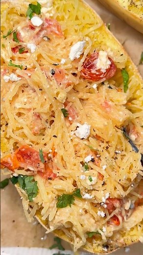 Tomato Feta Spaghetti Squash #bakedfetapasta #spaghettisquash #squash #recipe