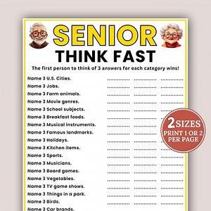 Senior Think Fast Game, Think Quick Game, Games for Senior Citizens, Dementia Games, Seniors Memory Game, Fast Answers, Elderly Activity - Etsy