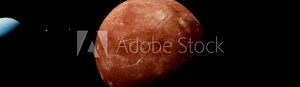 A 3D animation of outer space, orbiting above a red, cratered moon of the gas giant Neptune