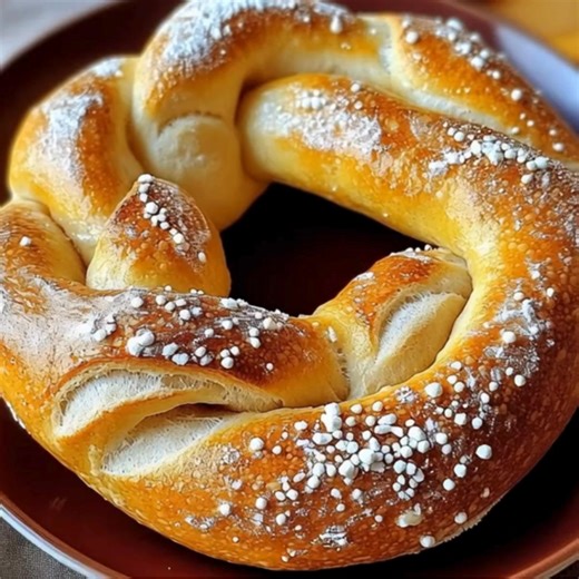 Bretzel Alsacien Traditionnel 🥨✨ Pour : 6 personnes Temps de préparation : 25 min ( 1 h de repos) Temps de cuisson : 15 min Ingrédients : 1. 500 g de farine 2. 30 g de levure boulangère fraîche (ou 12 g de levure sèche) 3. 25 cl d’eau tiède 4. 30 g de beurre ramolli 5. 1 c. à café de sel 6. 1 c. à café de sucre 7. 2 litres d’eau 8. 40 g de bicarbonate de soude alimentaire 9. Gros sel pour saupoudrer Directions : Préparer la pâte : 1.1. Délayer la levure dans l’eau tiède avec le sucre. 1.2. Ajou