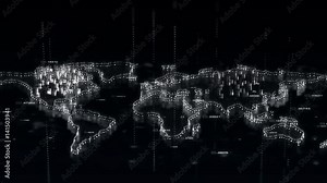CGI 3D animation of white glowing hologram of world map with data rotating in digital space; suitable for use in hud and sci-fi projects
