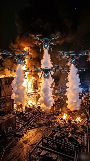 Ten advanced drones flying into a raging fire zone at night