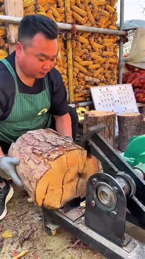Log splits clean on red wedge—green apron steadies morning woodwork rhythm