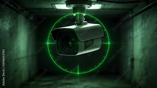 a single AI-managed security camera lens in a dark room. The lens has a glowing green targeting circle projected onto the dark space. Symbolizes 'AI Surveillance for Security'.