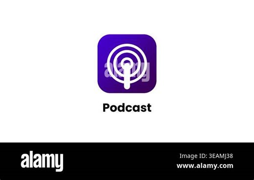 A white background app icon featuring a purple broadcast symbol labeled Podcast representing a native mobile podcast listening and subscription application Stock Video Footage - Alamy