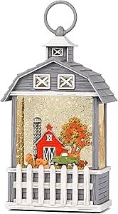 Fall Snow Globe, Fall Decorations for Home, Swirling Glitter Snow Globes Lantern for Autumn, Harvest Day, Party, Thanksgiving, Fall Home Decor (Red Barn, Pumpkins, Green Truck)