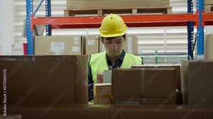 Warehouse worker pick box goods in inventory and check stock product. Transport logistic business ship delivery to customer. stock card, bill of material, inspection, storehouse, storage, factory