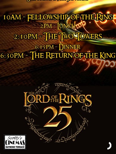 Celebrate the 25th Anniversary of Lord of the Rings with our three film extended edition marathon today! Buy marathon tickets or separate film tickets now! Make your marathoning easier by grabbing breakfast, lunch, and dinner off of our marathon menu and grab a Green Dragon Cold Ale creaming soda spider! #scottyscinemas #lordoftherings #lotr #fellowshipofthering #thetwotowers #returnoftheking #marathon