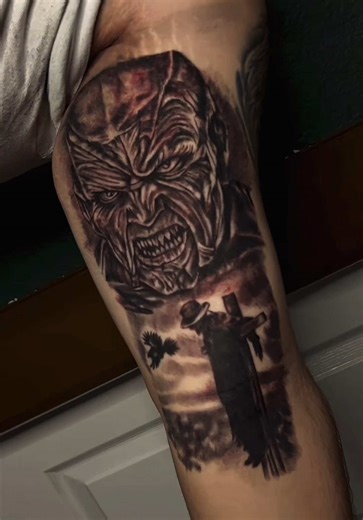 Jeepers Creepers tattoo on the inner bicep 🙌🏼 #tattooartist #shadyv #blackandgreytattoo #tattoos #jeeperscreepers