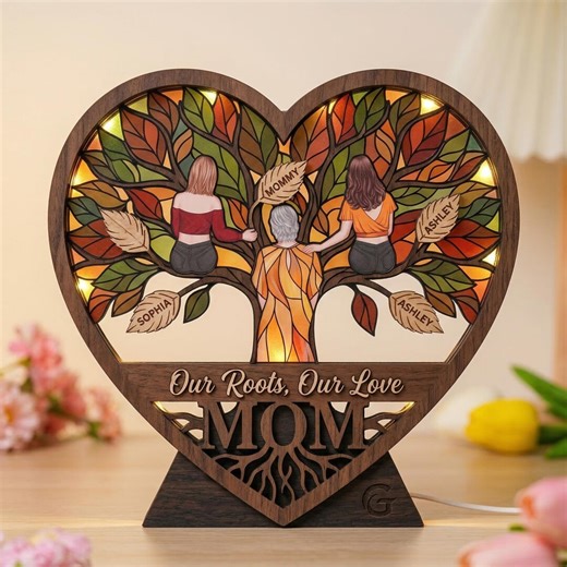 Personalized Family Tree Sign With LED Light, Custom Wooden Heart Plaque for Mom, Mothers Day Gift From Kids, Birthday Present for Grandma - Etsy