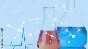 Animation of nucleotides, heart rhythm and liquid filled beakers against abstract background