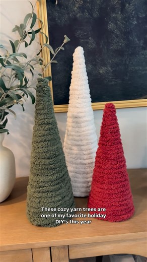 Wildly Woven | Chunky Knit Blankets on Instagram: "✨ A cozy DIY you’ll actually want to make this season. These chunky yarn trees are easy to create, look beautiful as holiday decor, and stack inside each other for simple storage. 🎄 You’ll get a PDF with supply links and a 13-minute video tutorial that walks you through every step. Comment “tree” for the link or find it in my Etsy shop linked in my bio. • • • #handknitblanket #chunkyknitblanket #smallbusiness #chunkyblankettutorial #baby
