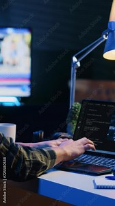 Vertical video Programmer in living room office typing on keyboard, updating artificial intelligence neural networks, writing binary code scripts. Freelancing system administrator upgrading high tech