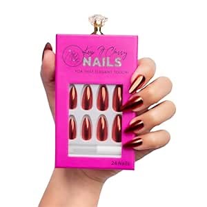 Keep It Classy Chrome Red, Press-On Nails Kit by Monyetta Shaw || Almond Medium || Reusable, Vegan, Non-Toxic, Easy Application || One 24 Nail Kit