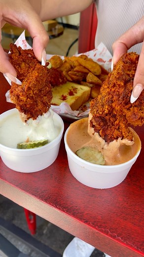 The Red Chickz on Instagram: "Can’t decide on just one sauce? We’ve got you covered! 🙌 Our hot chicken is perfect for dipping, whether it’s in creamy ranch or tangy comeback sauce. 😋🍗 The combination of flavors is simply irresistible! Which one will you choose? Or will you dip in both? 😉 ⁠ ⁠ Get 15% OFF when you order through our mobile app! 📲 At checkout, use promo code “hotterthanyou” ! 🐔⁠🔥 #theredchickz ⁠ .⁠ .⁠ .⁠ .⁠ .⁠ #HotChicken #DippingSauces #Ranch #ComebackSauce #FriedChicken"