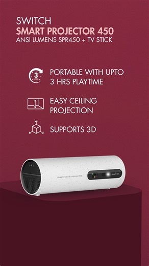 Transform any location into your own private cinema using the Switch Smart Projector, which features autofocus and keystone correction. You can enjoy a smooth, immersive viewing experience virtually anywhere, with up to 3 hours of playtime. | Switch