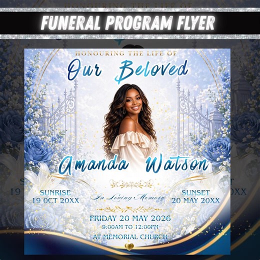 Elegant Blue & Beige Memorial Program Template, Funeral Design, Editable Canva Obituary Layout, Printable Tribute Program, Instant Download - Etsy