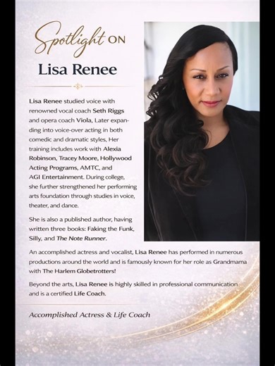 Happy New Year’s Eve! Honored to be a Keynote Speaker at HEALERNAIRE LIVE! 🗓 1/1/26 | 12PM sharp 🔗 Register: www.nabilaswhite.com 🎤 Lisa Renee SPOTLIGHT: Lisa Renee Lisa Renee studied voice with renowned vocal coach Seth Riggs and opera coach Viola, later expanding into both comedic and dramatic voice-over acting. Her professional training includes work with Alexia Robinson, Tracey Moore, Hollywood Acting Programs, AMTC, and AGI Entertainment. While in college, she further strengthened her ar
