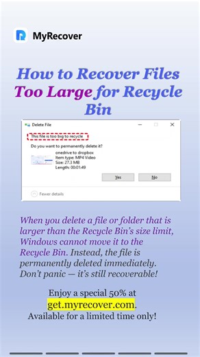 Big Files Skipped the Recycle Bin? Recover Them FREE! Deleted a file that was too large for the Recycle Bin? Don’t panic — your data may still be recoverable for FREE on Windows. In this Short, you’ll learn: Why large files skip the Recycle Bin What to do immediately after deletion Free ways to recover oversized deleted files safely Perfect for Windows 10 & Windows 11 users. Action now to avoid making things worse. Save 50% at get.myrecover.com! Limited-time offer – don’t miss out! #datarecovery