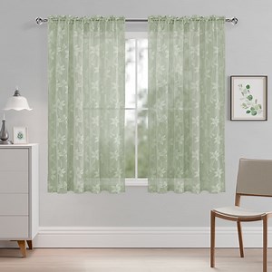 XWZO Kitchen Sheer Curtain Pack of 2, Lace Patterned Semi Sheer Curtains for Bedroom, Short Elegant Voile Sheer Drapes for Home Decoration, 52 x 54 Inches Long Curtain Panels, Sage Green