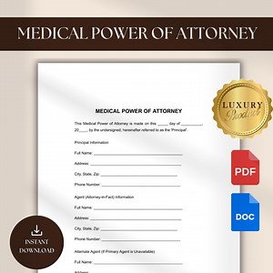 Medical Power of Attorney Form Printable Medical Power of Attorney Template Health Care Power of Attorney Form Google Docs PDF Template Doc - Etsy